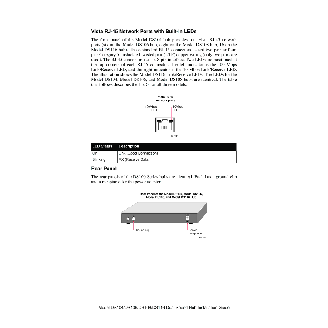 NETGEAR DS104, DS116, DS108, DS106 manual Vista RJ-45 Network Ports with Built-in LEDs, Rear Panel, LED Status Description 