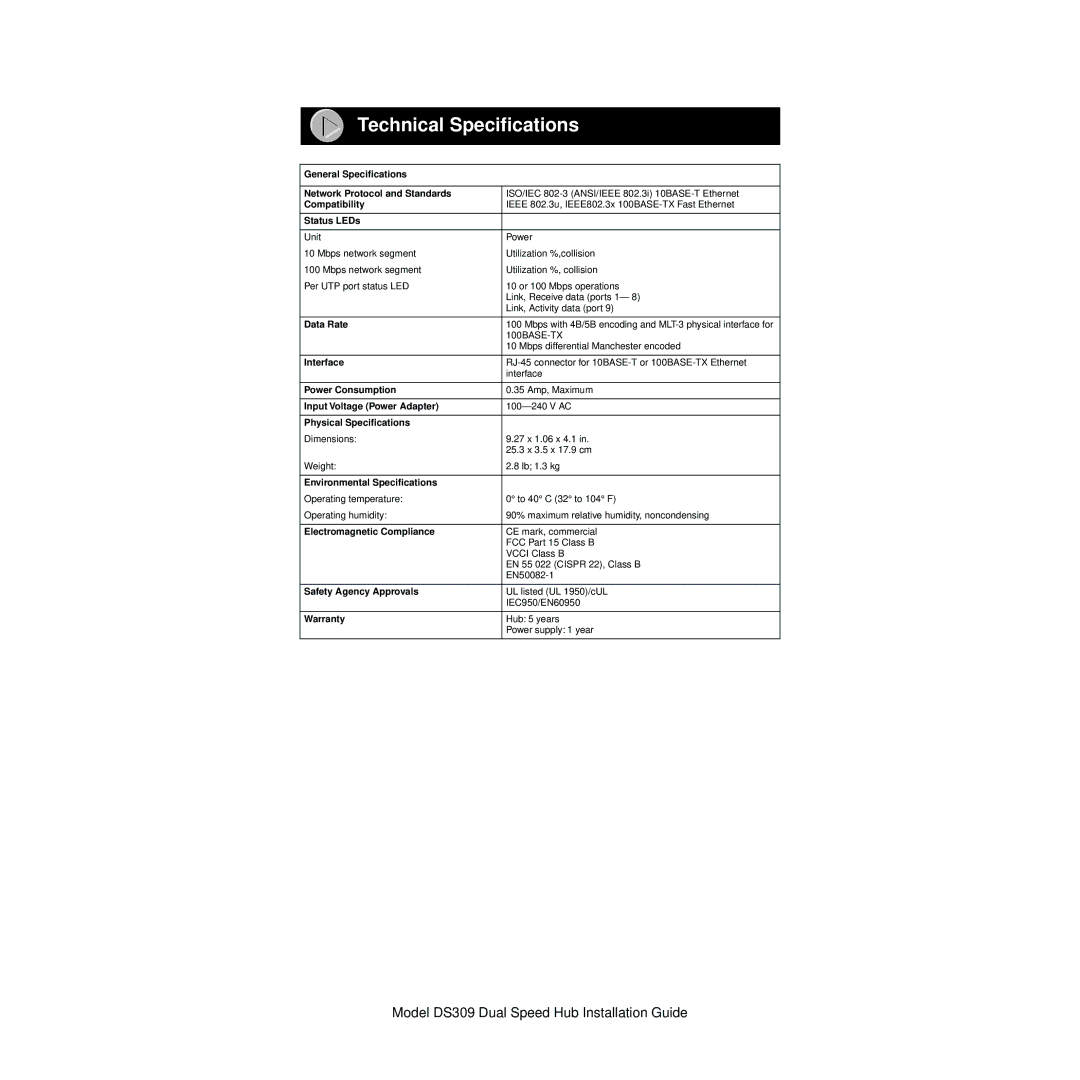 NETGEAR DS309 manual Technical Specifications, Status LEDs 