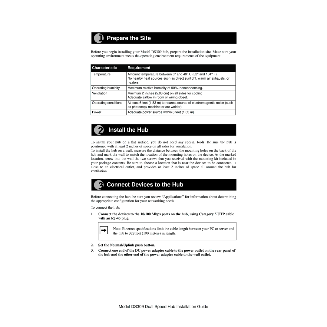 NETGEAR DS309 manual Prepare the Site, Install the Hub, Connect Devices to the Hub 