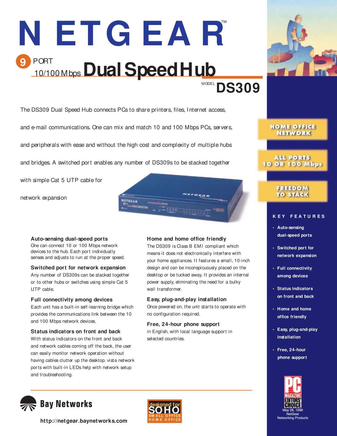 NETGEAR DS309 manual N E T G E A R, Soho, 10/100 Mbps DualSpeedHub, Port, Auto-sensing dual-speed ports 