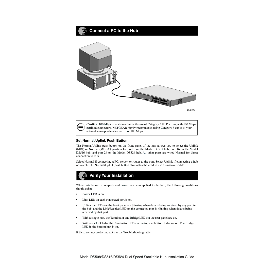 NETGEAR DS508 manual Connect a PC to the Hub, Set Normal/Uplink Push Button 