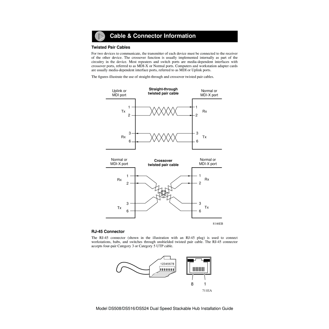 NETGEAR DS508 manual Cable & Connector Information, Twisted Pair Cables, RJ-45 Connector 