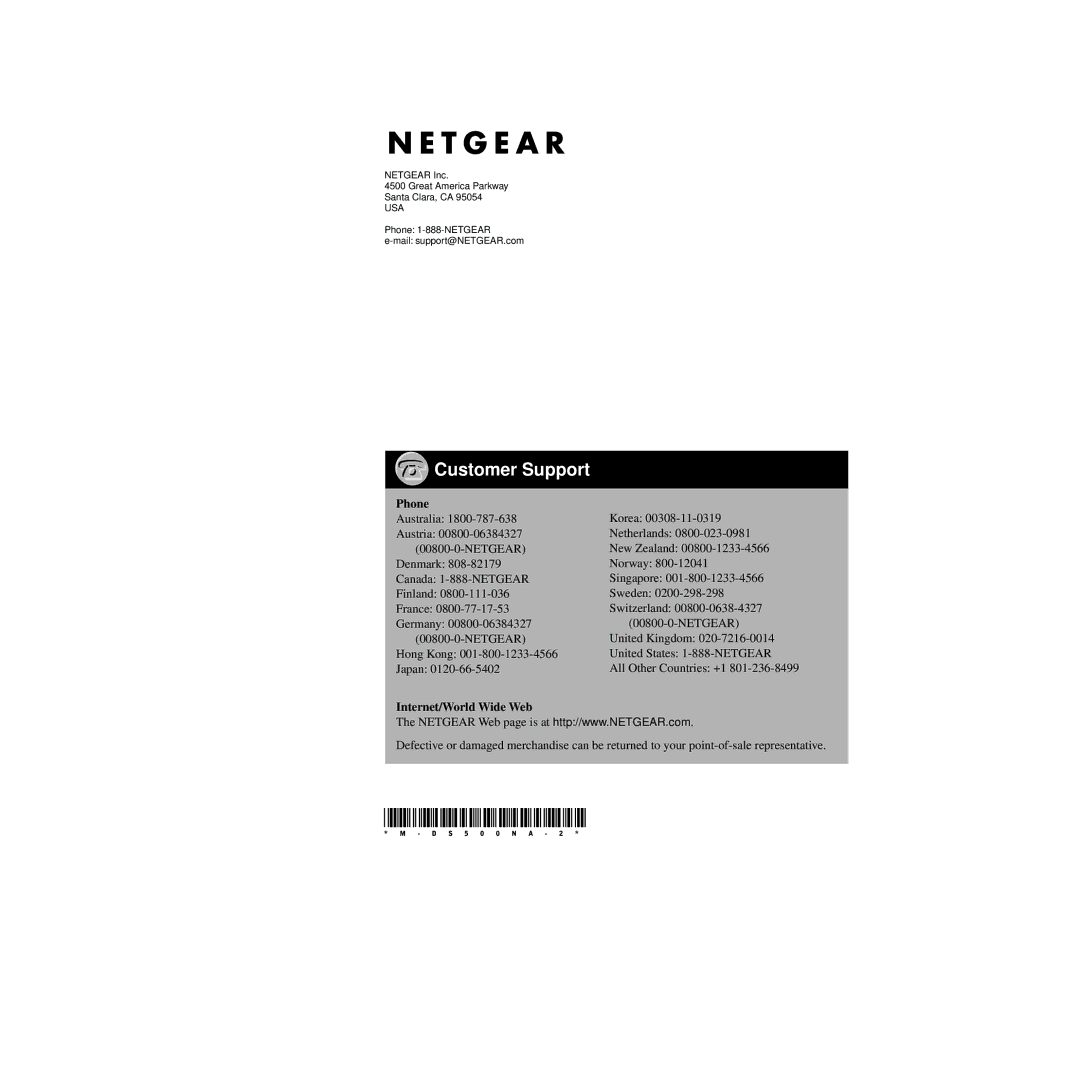 NETGEAR DS508 manual Customer Support 