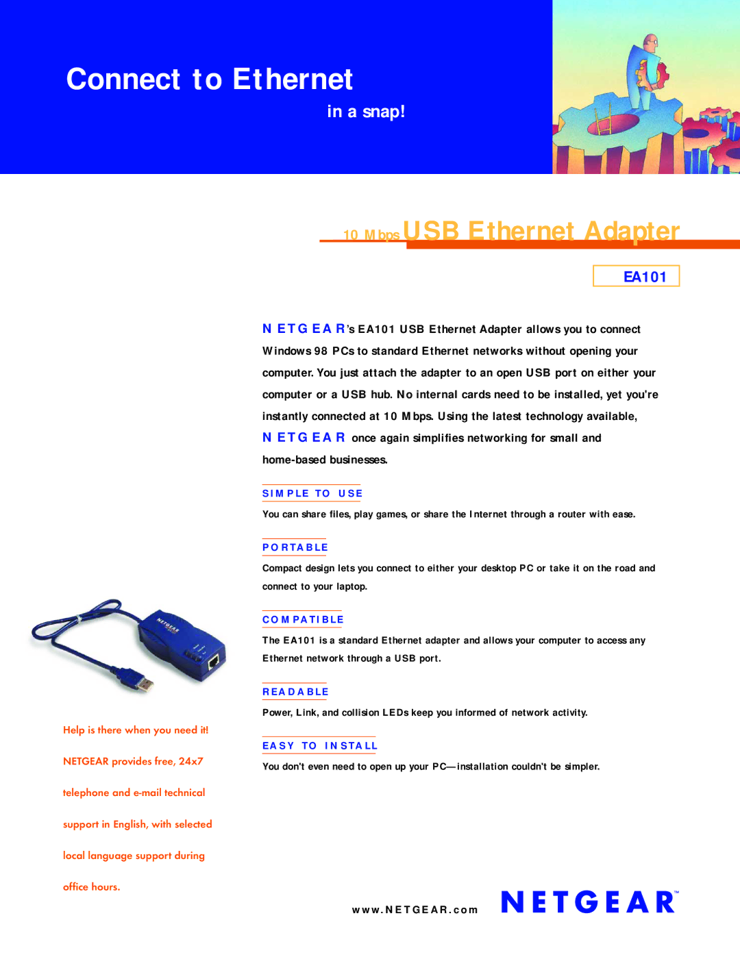 NETGEAR EA101 manual Connect to Ethernet, Mbps USB Ethernet Adapter 