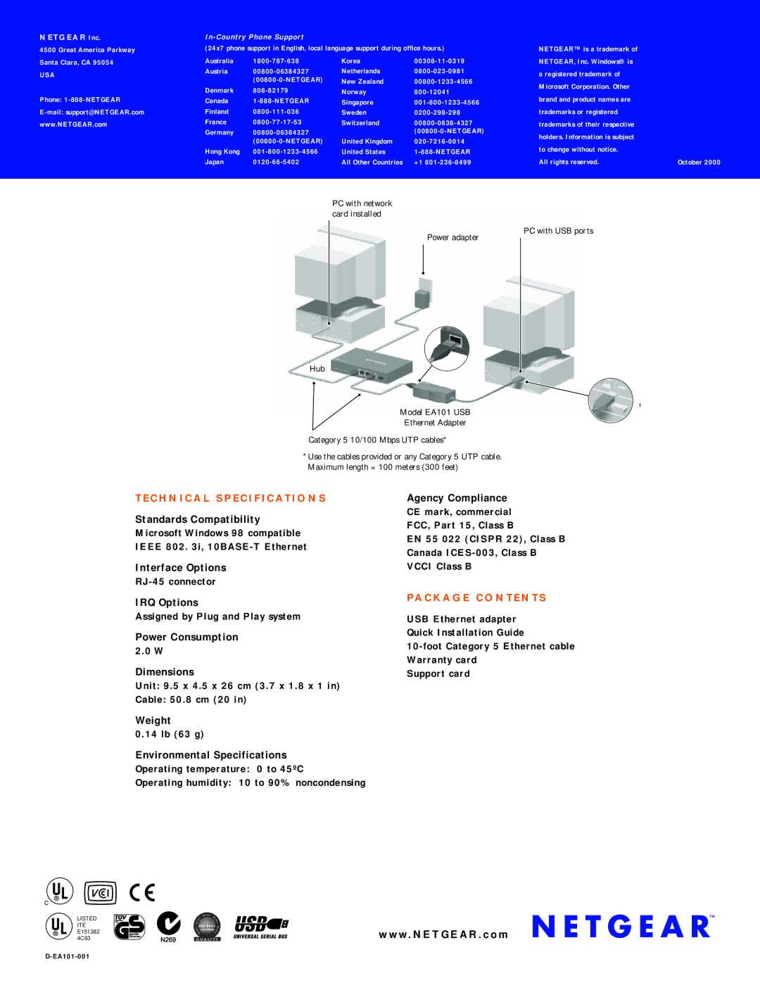 NETGEAR EA101 manual Usa, In-Country Phone Support, Netgear 