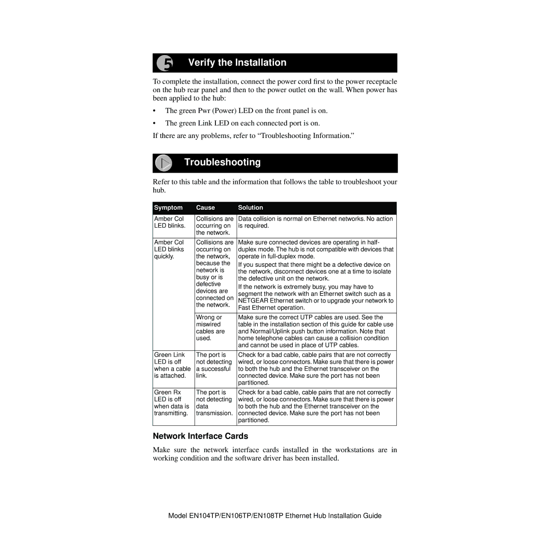 NETGEAR EN104TP manual Verify the Installation, Troubleshooting, Network Interface Cards, Symptom Cause Solution 