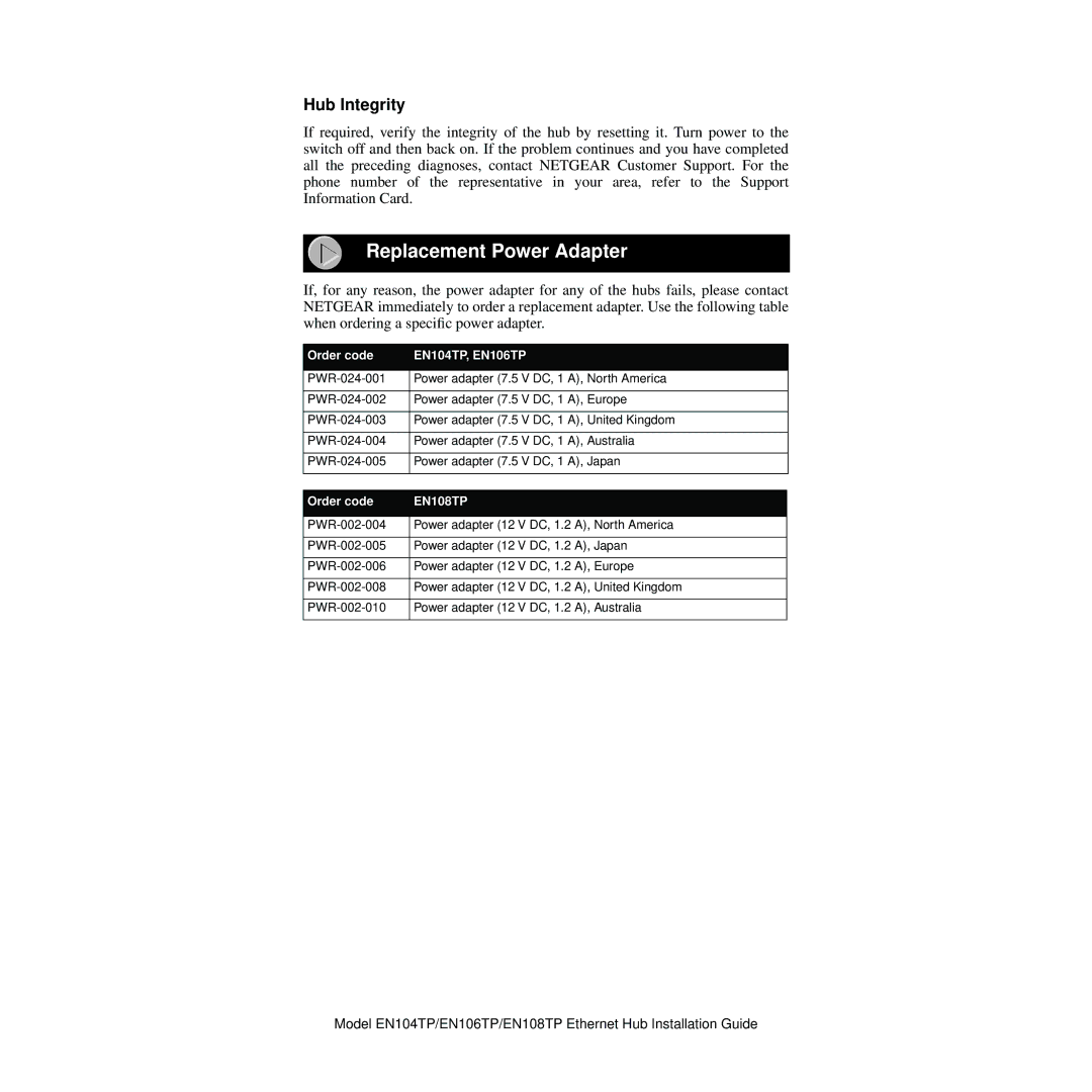 NETGEAR manual Replacement Power Adapter, Hub Integrity, Order code EN104TP, EN106TP 