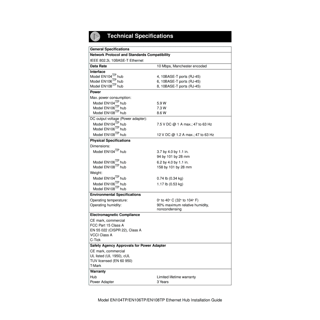 NETGEAR EN104TP manual Technical Specifications, Power 