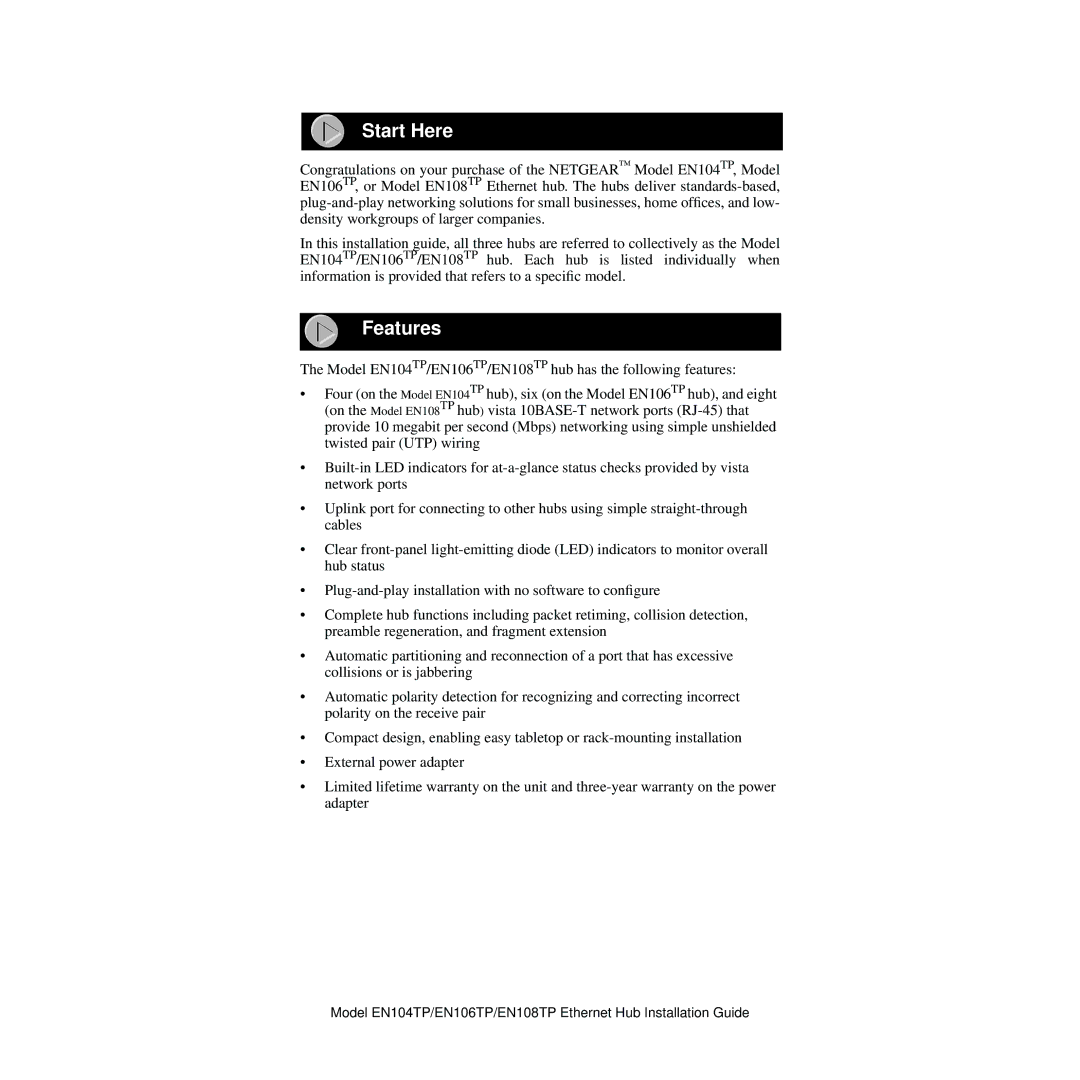 NETGEAR EN104TP manual Start Here, Features 