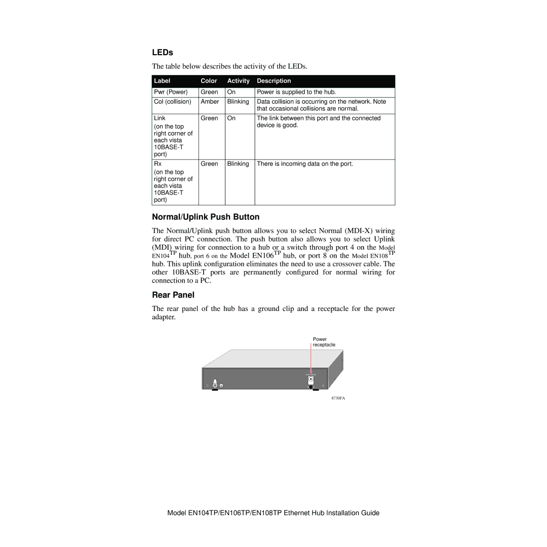 NETGEAR EN104TP manual LEDs, Normal/Uplink Push Button, Rear Panel, Label Color Activity Description 