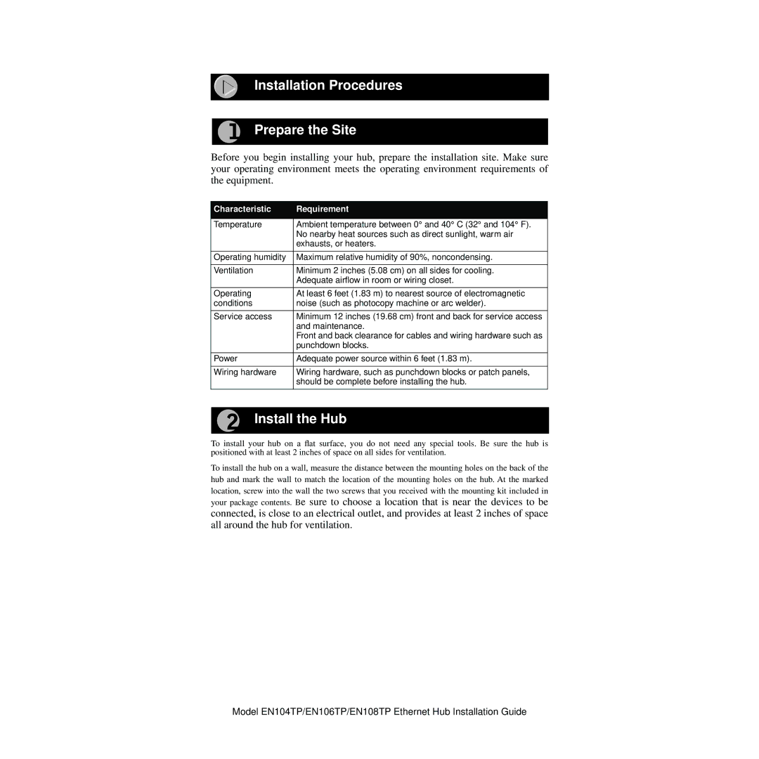 NETGEAR EN104TP manual Installation Procedures Prepare the Site, Install the Hub, Characteristic Requirement 