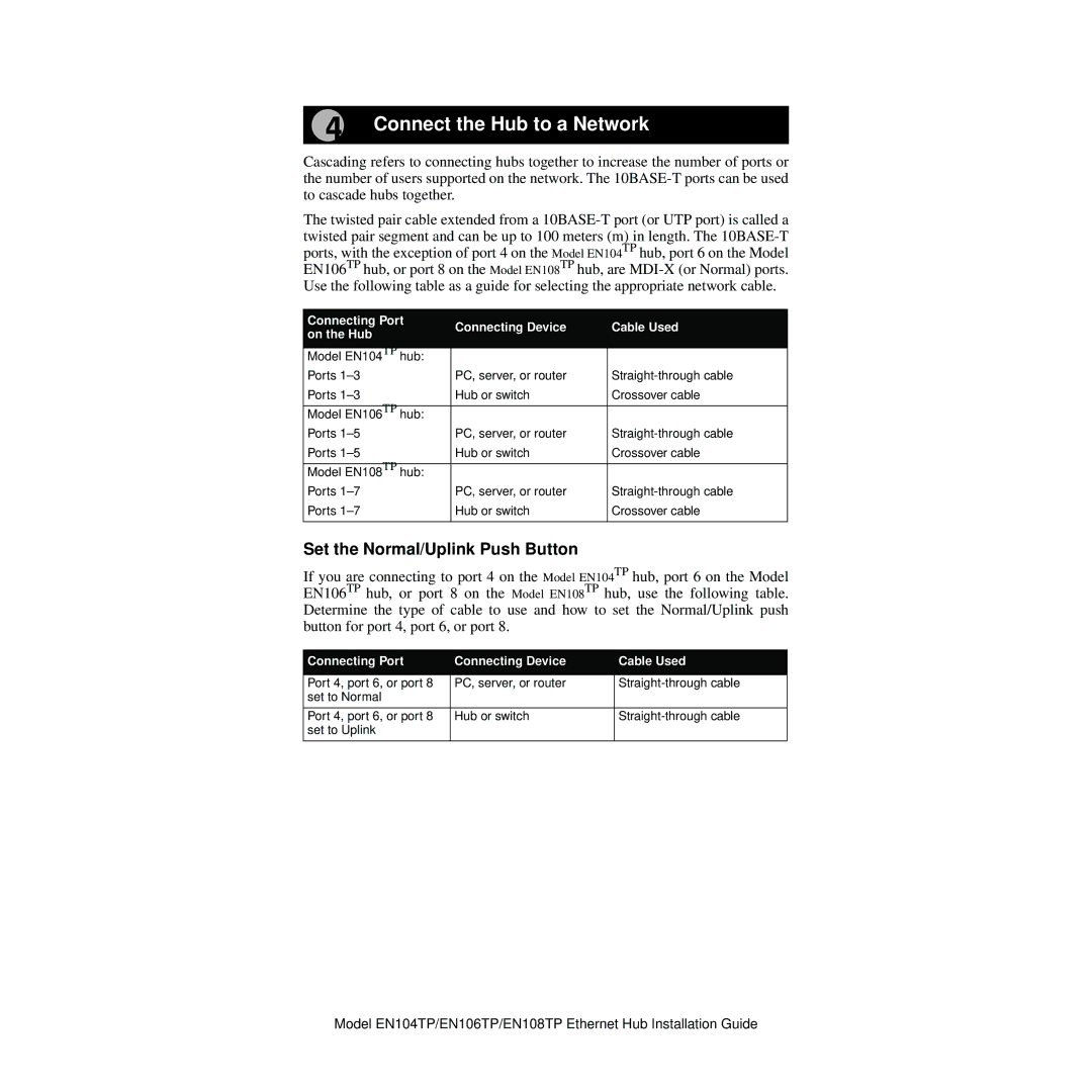 NETGEAR EN104TP manual Connect the Hub to a Network, Set the Normal/Uplink Push Button 