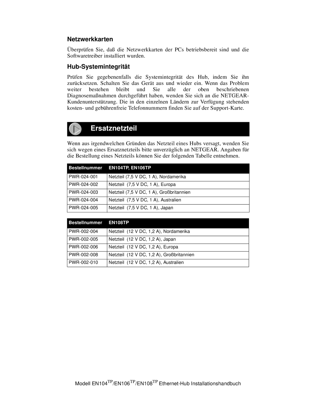 NETGEAR EN108TP manual Ersatznetzteil, Netzwerkkarten, Hub-Systemintegrität, Bestellnummer EN104TP, EN106TP 