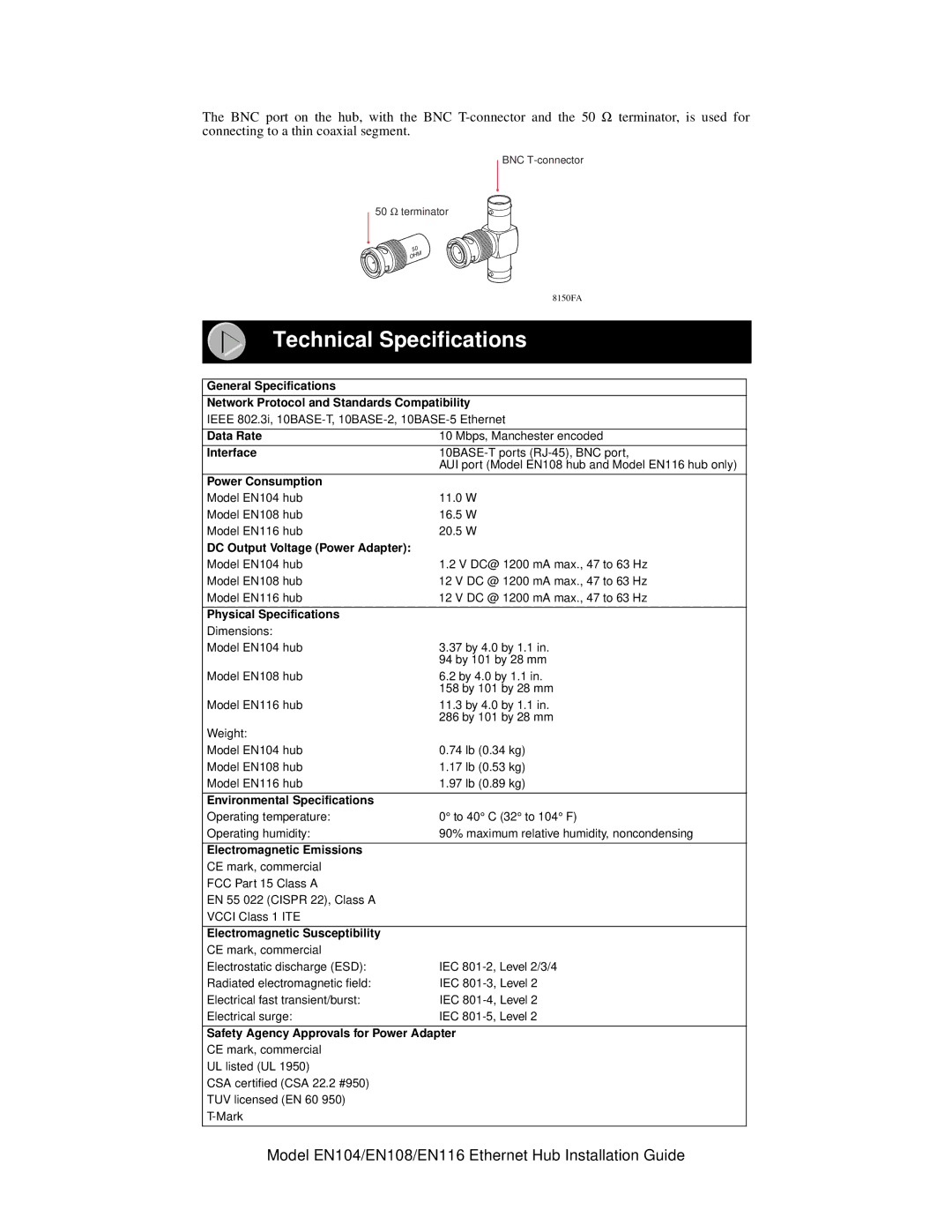 NETGEAR EN104, EN116, EN108 manual Technical Specifications, DC Output Voltage Power Adapter 