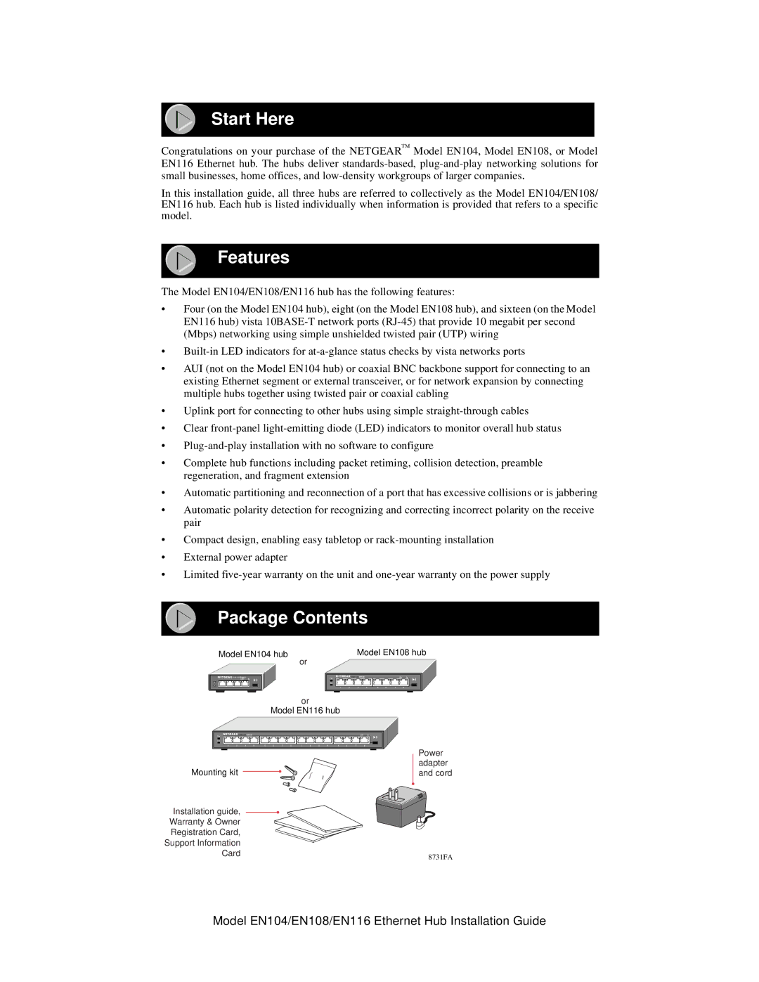 NETGEAR EN108, EN116, EN104 manual Start Here, Features, Package Contents 