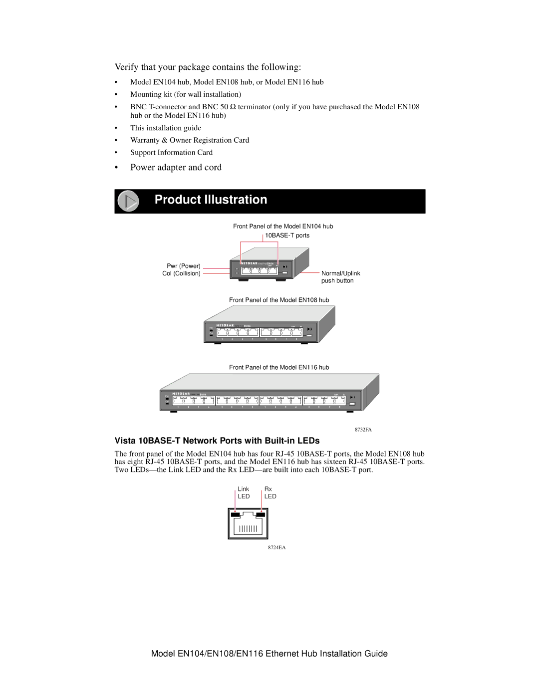 NETGEAR EN116, EN104, EN108 manual Product Illustration, Vista 10BASE-T Network Ports with Built-in LEDs 