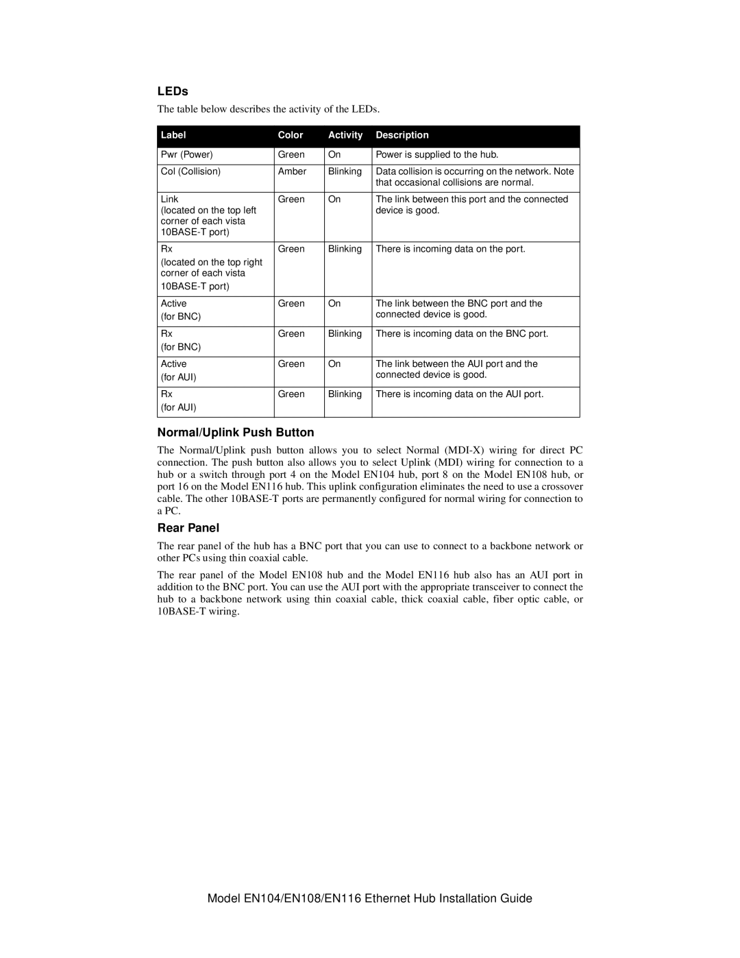 NETGEAR EN104, EN116, EN108 manual LEDs, Normal/Uplink Push Button, Rear Panel, Label Color Activity Description 