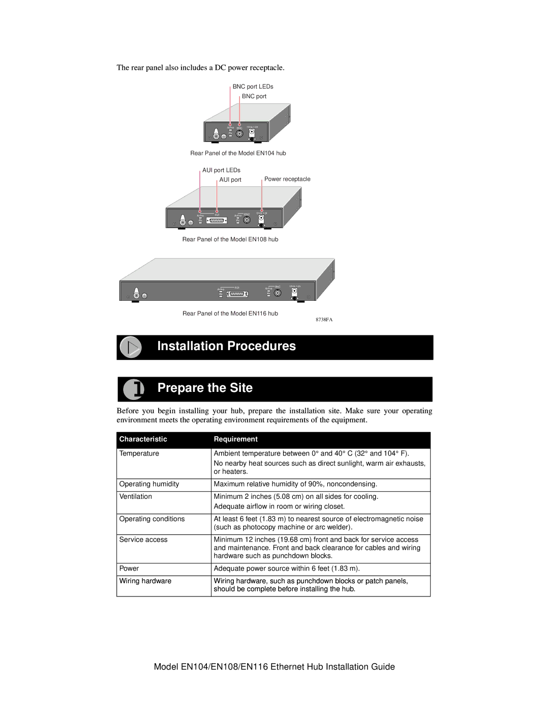 NETGEAR EN108, EN116, EN104 manual Installation Procedures Prepare the Site, Characteristic Requirement 