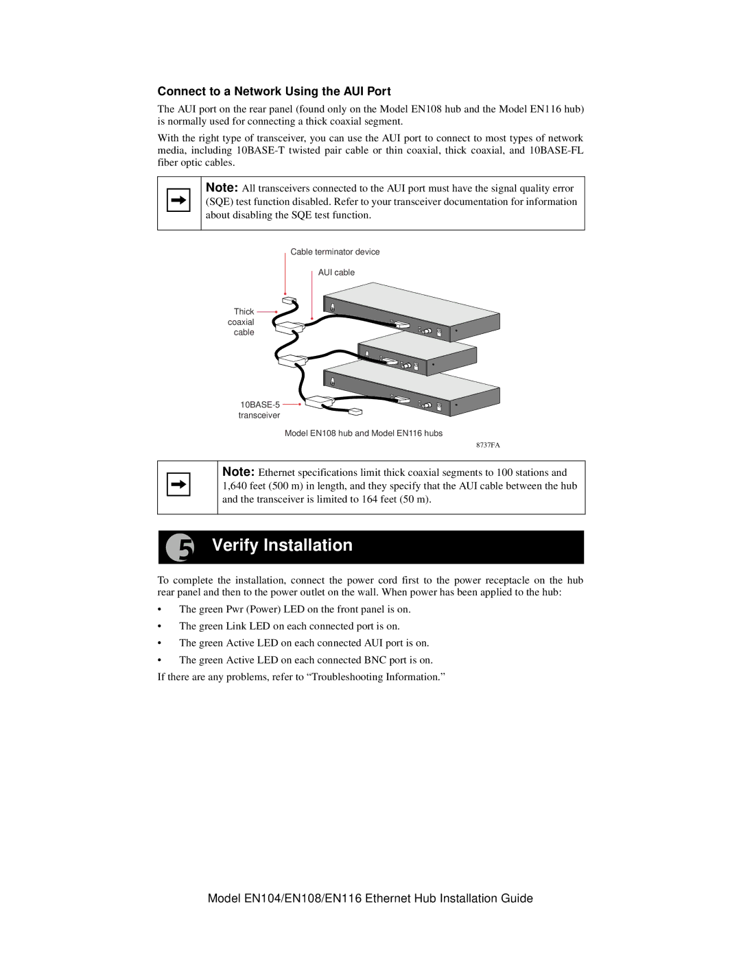 NETGEAR EN116, EN104, EN108 manual Verify Installation, Connect to a Network Using the AUI Port 