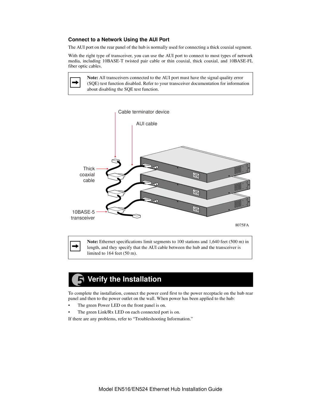 NETGEAR EN516, EN524 manual Verify the Installation, Connect to a Network Using the AUI Port 