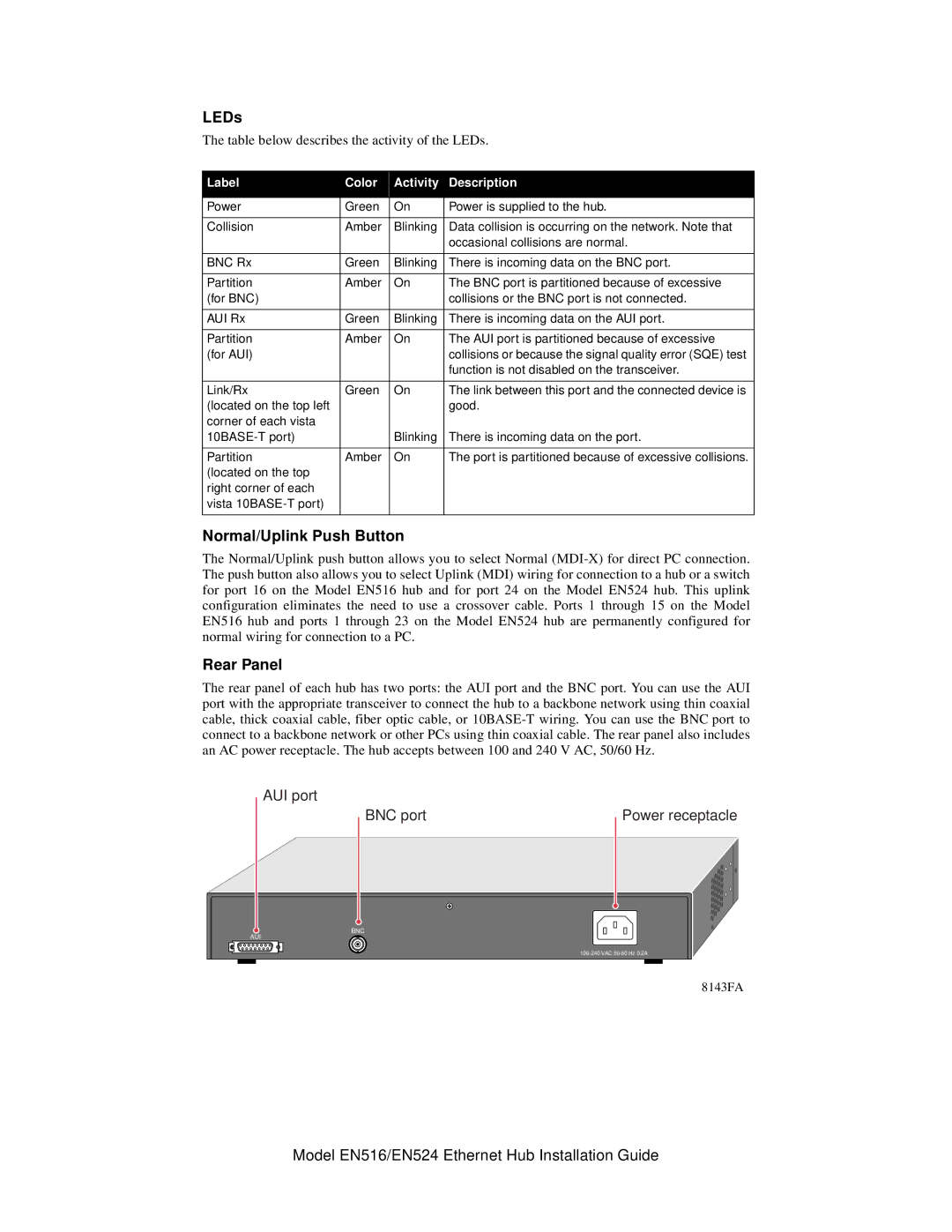 NETGEAR EN516, EN524 manual LEDs, Normal/Uplink Push Button, Rear Panel 