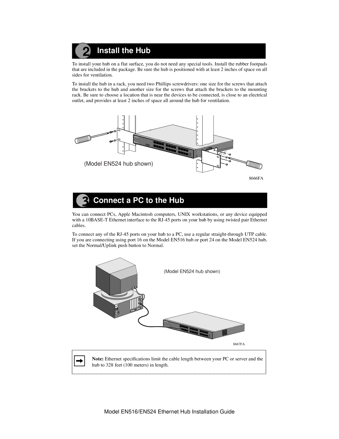 NETGEAR EN516, EN524 manual Install the Hub, Connect a PC to the Hub 