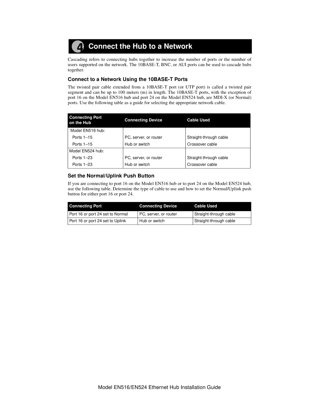 NETGEAR EN524, EN516 manual Connect the Hub to a Network, Connect to a Network Using the 10BASE-T Ports 
