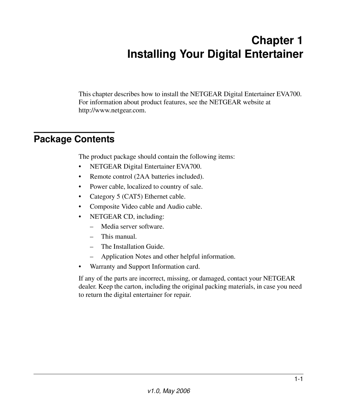 NETGEAR EVA700 user manual Chapter Installing Your Digital Entertainer, Package Contents 