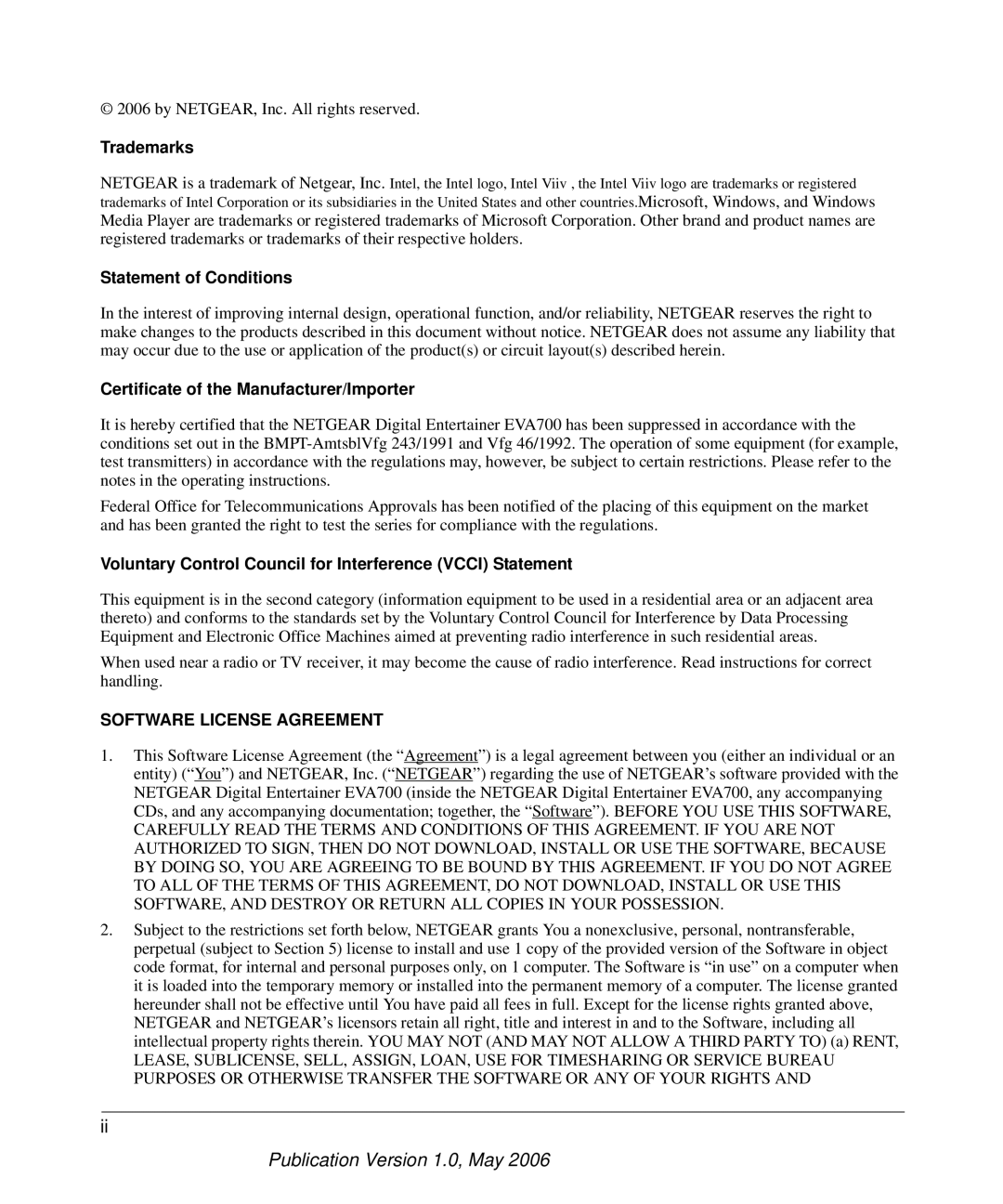 NETGEAR EVA700 user manual Trademarks, Statement of Conditions, Certificate of the Manufacturer/Importer 