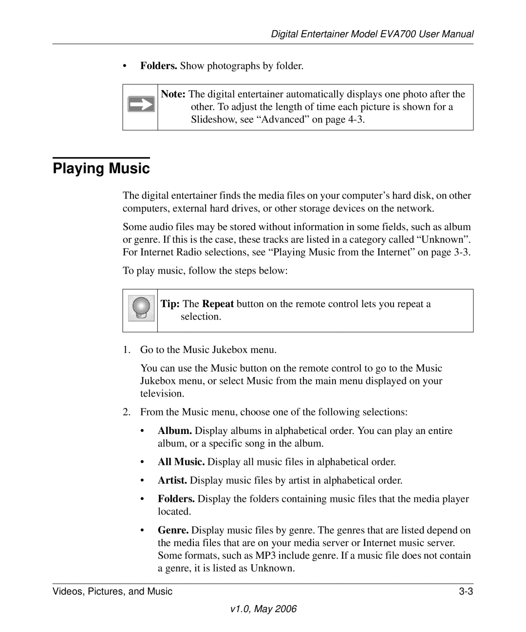 NETGEAR EVA700 user manual Playing Music 