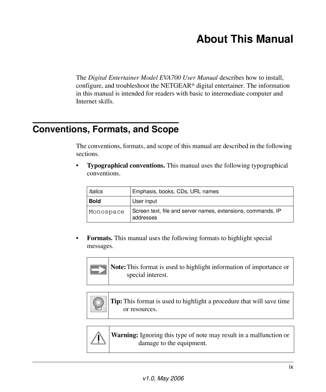 NETGEAR EVA700 user manual About This Manual, Conventions, Formats, and Scope 