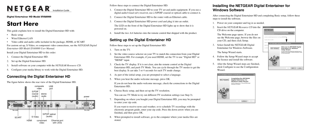 NETGEAR EVA8000 user manual Start Here, Connecting the Digital Entertainer HD, Setting up the Digital Entertainer HD 