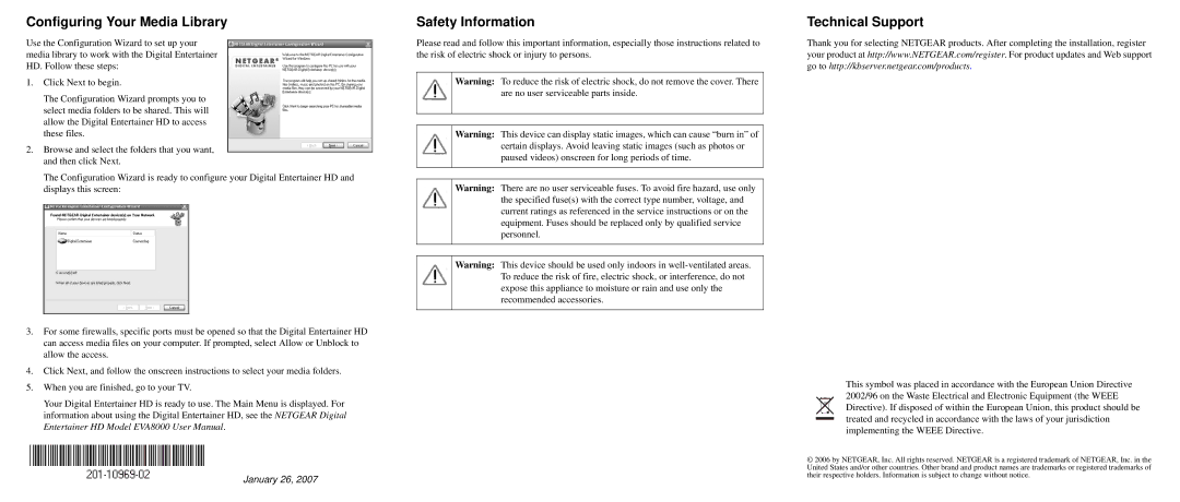 NETGEAR EVA8000 user manual Configuring Your Media Library, Safety Information, Technical Support 