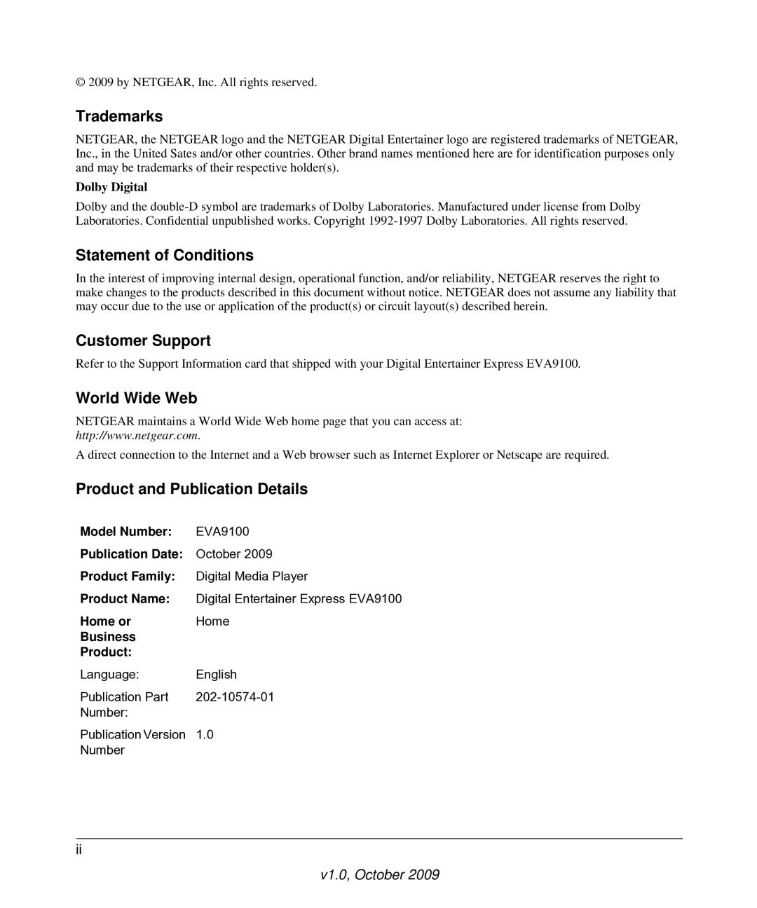 NETGEAR EVA9100 Trademarks, Statement of Conditions, Customer Support, World Wide Web, Product and Publication Details 
