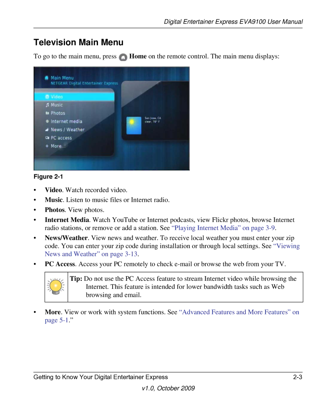 NETGEAR EVA9100 user manual Television Main Menu 