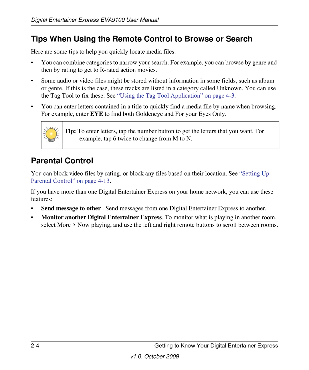 NETGEAR EVA9100 user manual Tips When Using the Remote Control to Browse or Search, Parental Control 