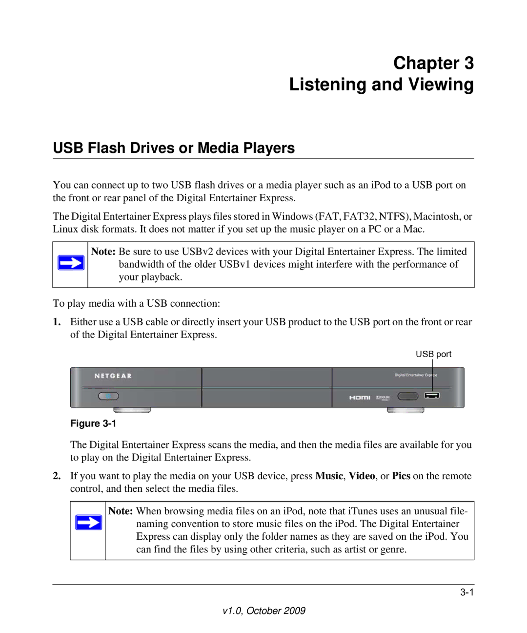 NETGEAR EVA9100 user manual Chapter Listening and Viewing, USB Flash Drives or Media Players 