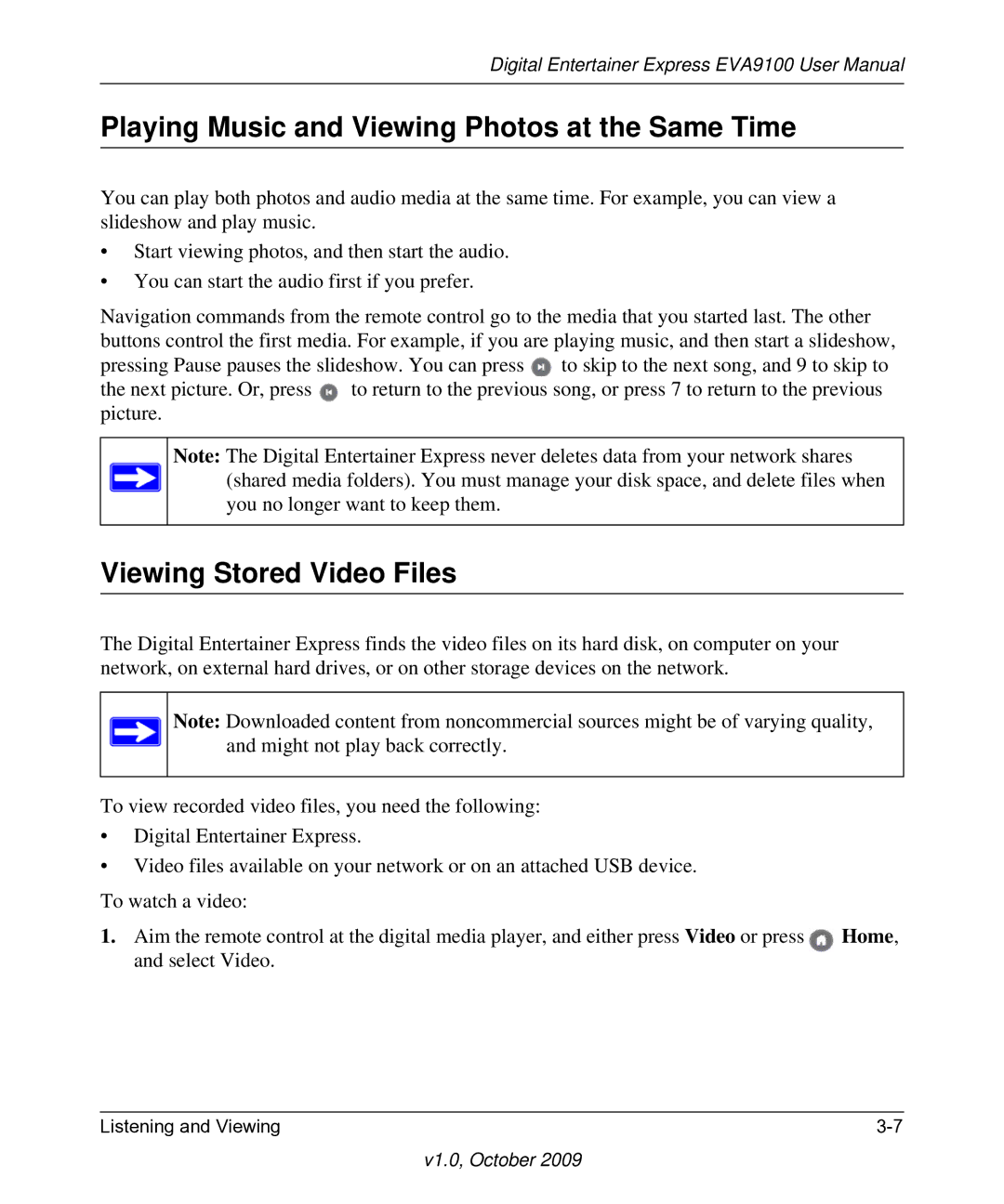 NETGEAR EVA9100 user manual Playing Music and Viewing Photos at the Same Time, Viewing Stored Video Files 