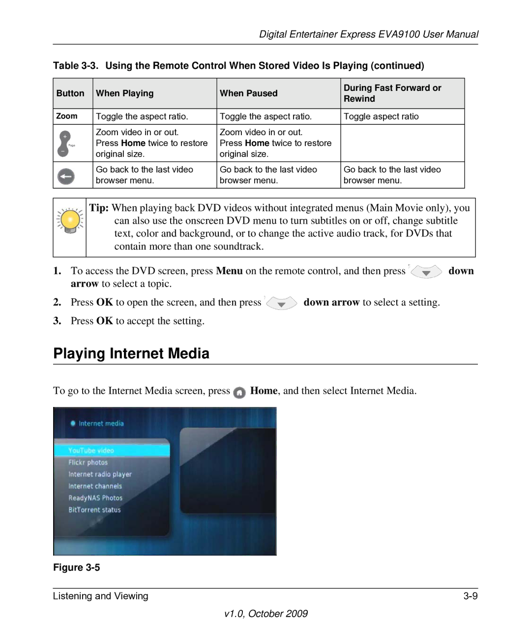 NETGEAR EVA9100 user manual Playing Internet Media 