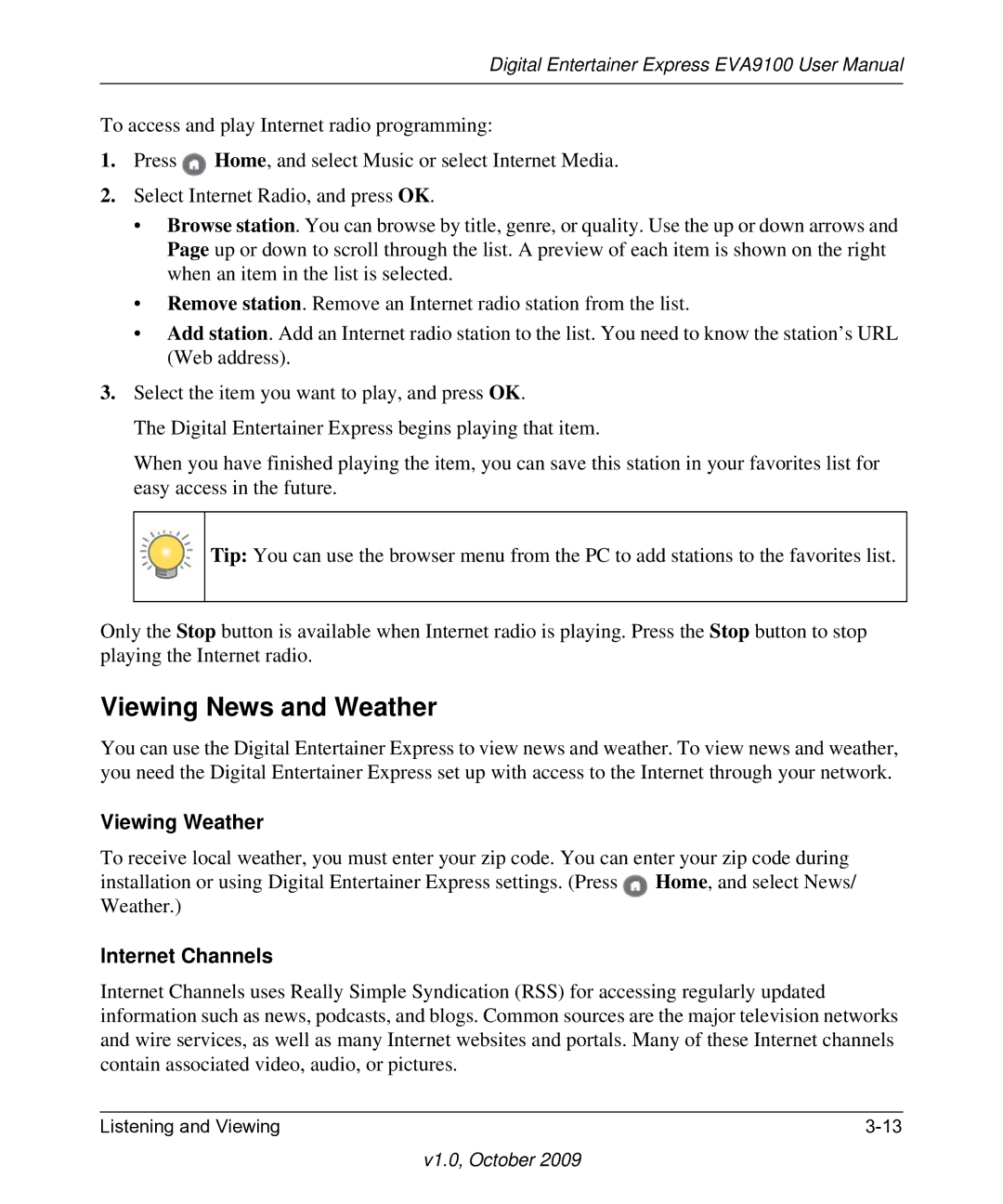 NETGEAR EVA9100 user manual Viewing News and Weather, Viewing Weather, Internet Channels 