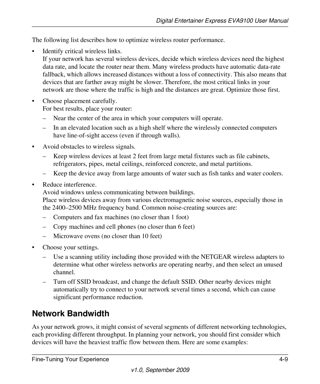 NETGEAR EVA9100 user manual Network Bandwidth 