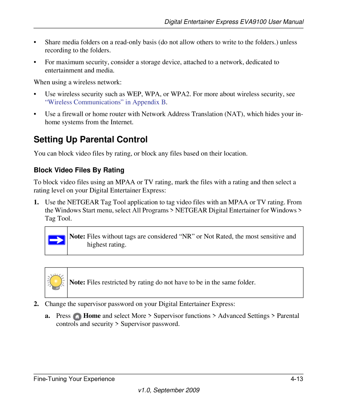 NETGEAR EVA9100 user manual Setting Up Parental Control, Block Video Files By Rating 