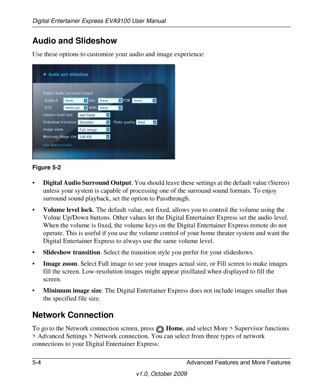 NETGEAR EVA9100 user manual Audio and Slideshow, Network Connection 