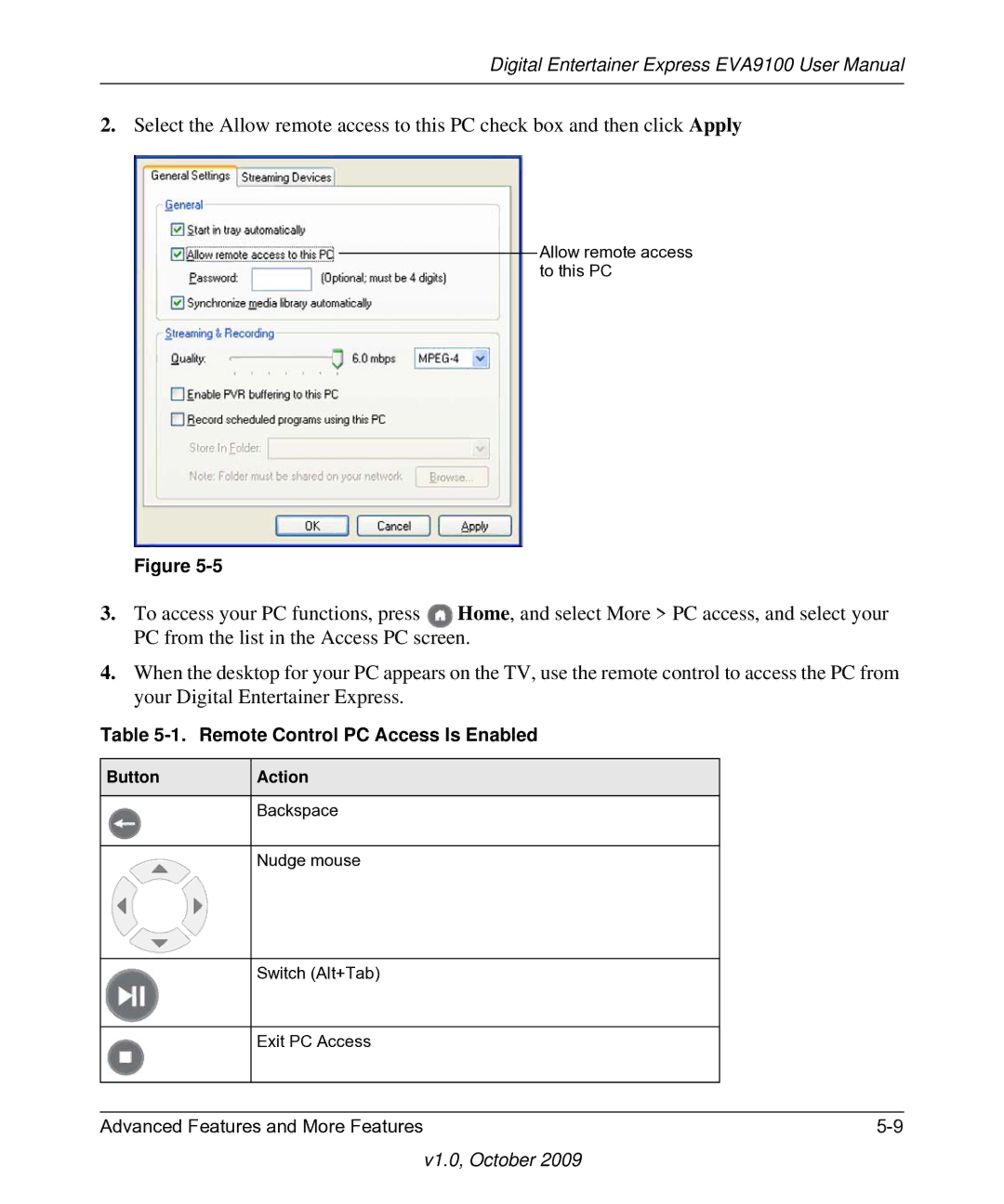 NETGEAR EVA9100 user manual Remote Control PC Access Is Enabled, Button Action Backspace Nudge mouse 