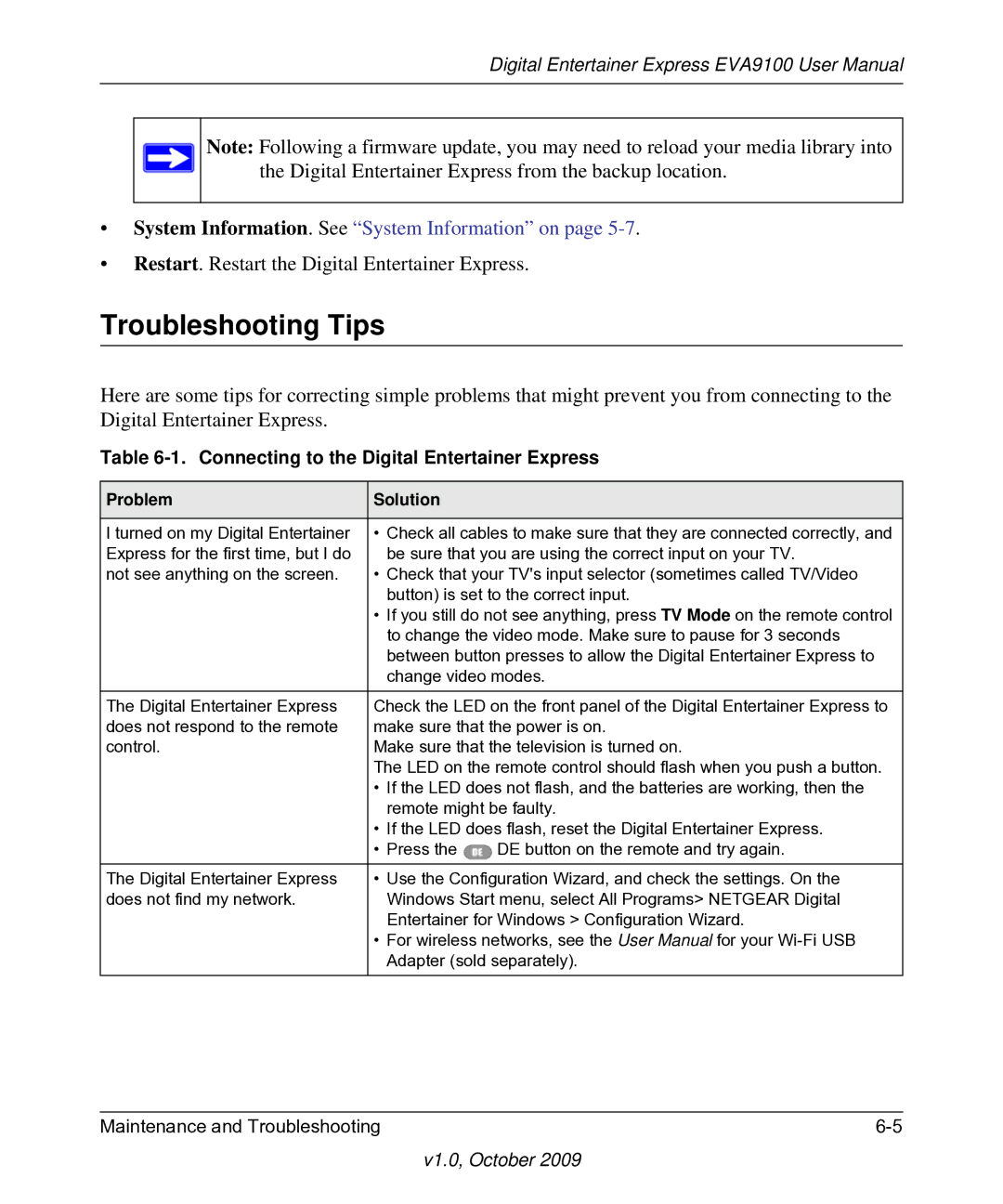 NETGEAR EVA9100 user manual Troubleshooting Tips, Connecting to the Digital Entertainer Express, Problem Solution 