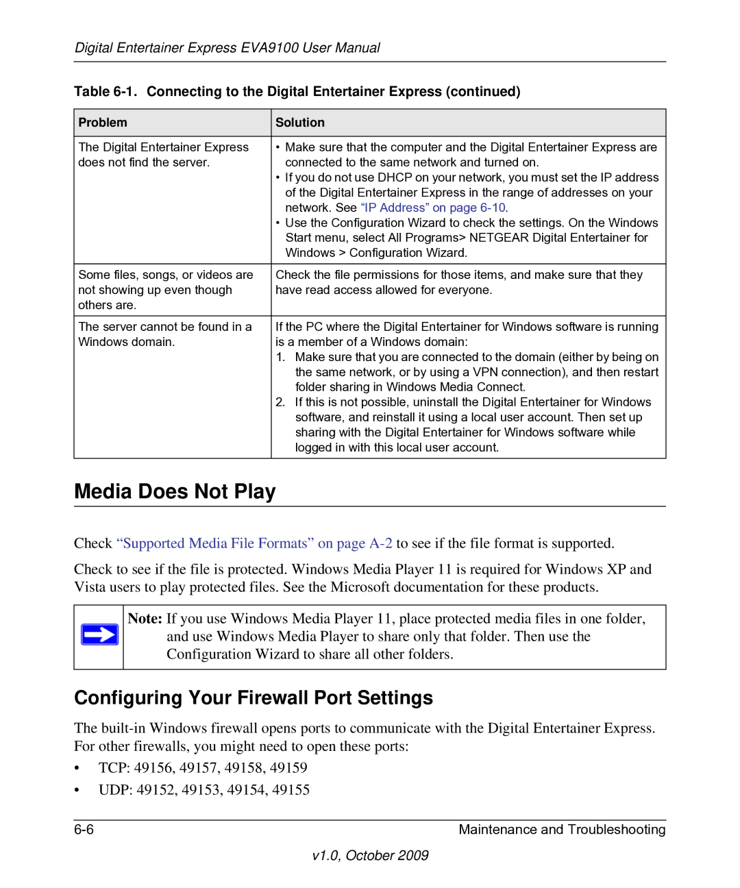 NETGEAR EVA9100 user manual Media Does Not Play, Configuring Your Firewall Port Settings 