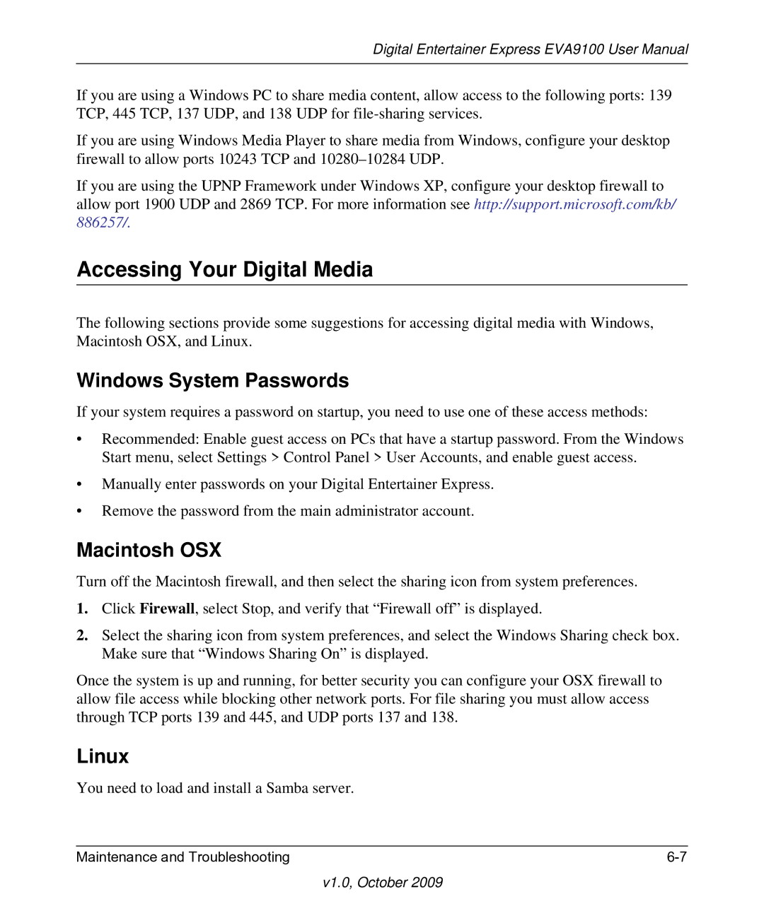 NETGEAR EVA9100 user manual Accessing Your Digital Media, Windows System Passwords, Macintosh OSX, Linux 