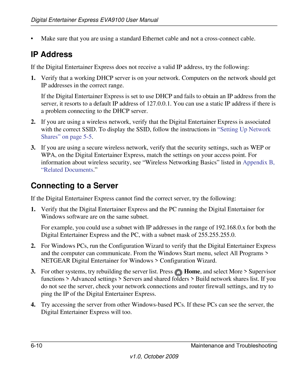 NETGEAR EVA9100 user manual IP Address, Connecting to a Server 