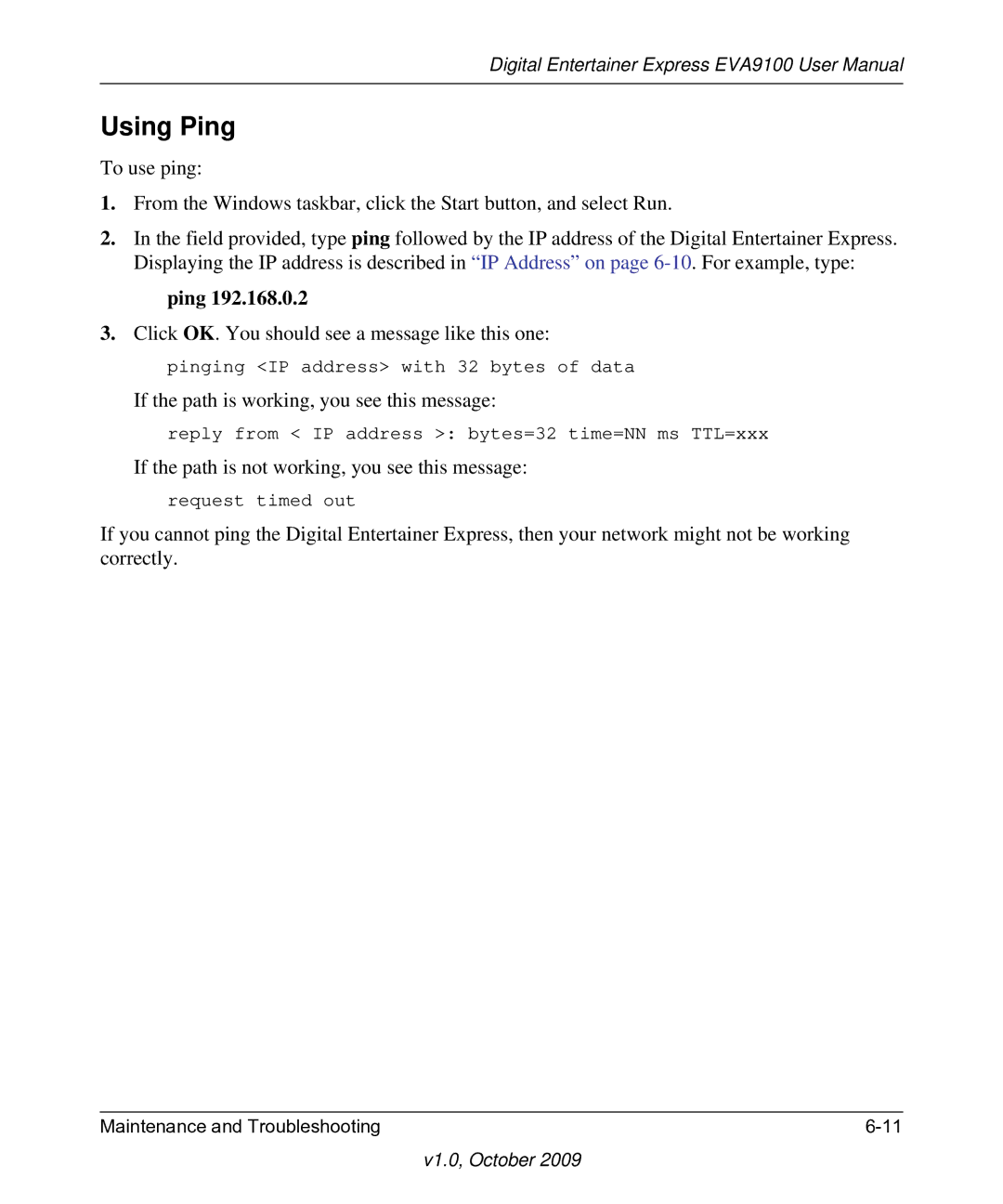 NETGEAR EVA9100 user manual Using Ping 