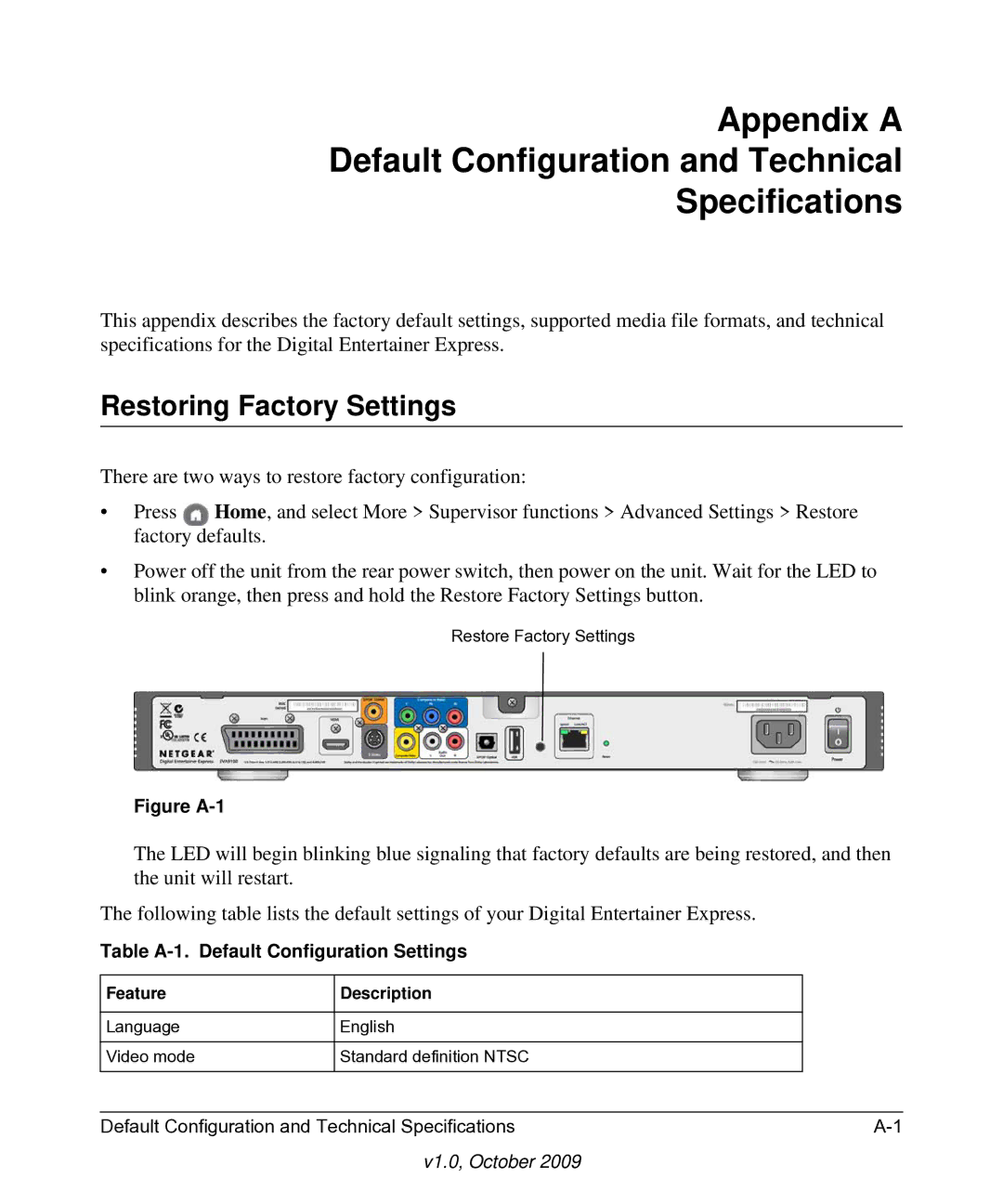 NETGEAR EVA9100 user manual Restoring Factory Settings, Table A-1. Default Configuration Settings, Feature Description 